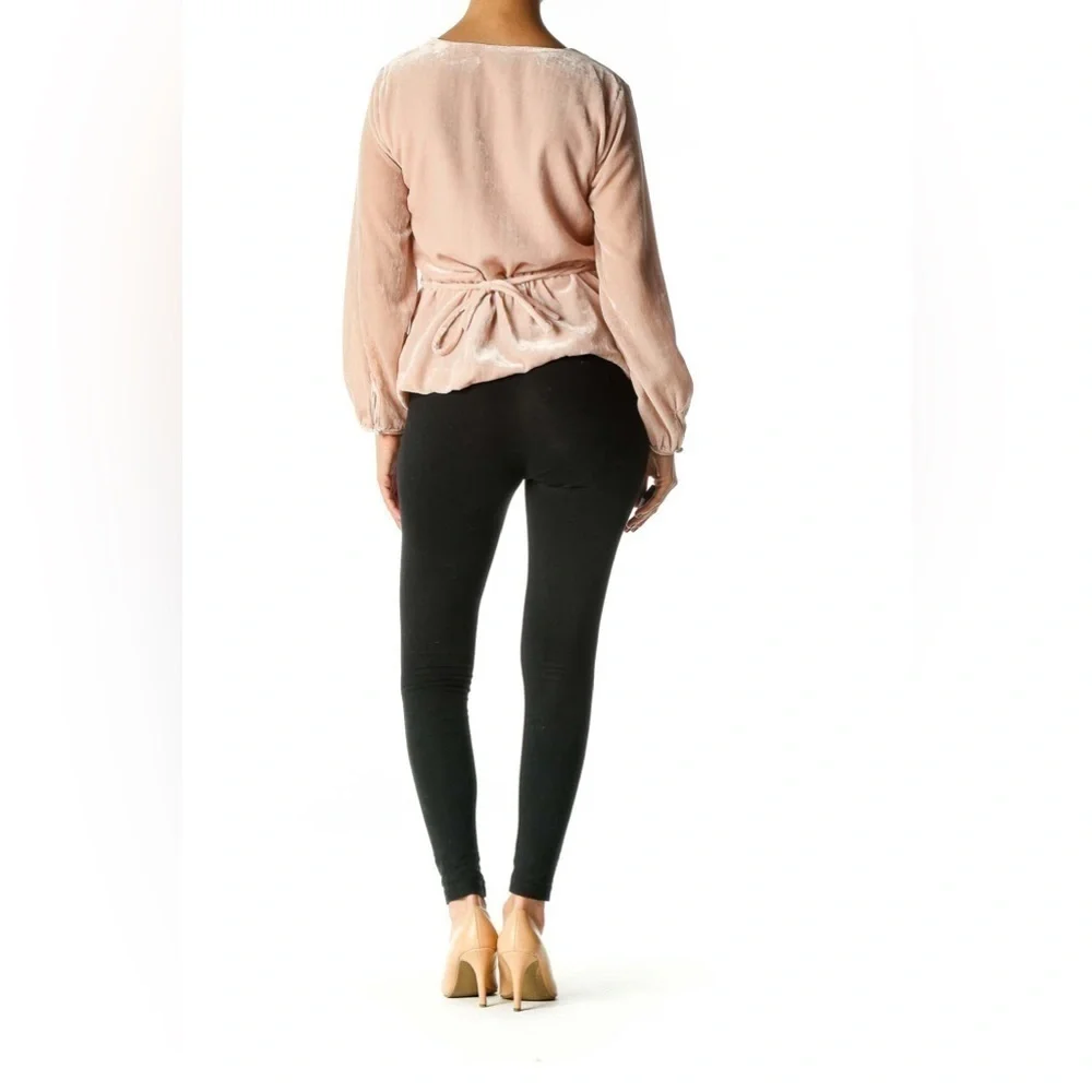 J Crew Women Blush Pink Velvet V-Neck Long Sleeve Top With Tie Size 4